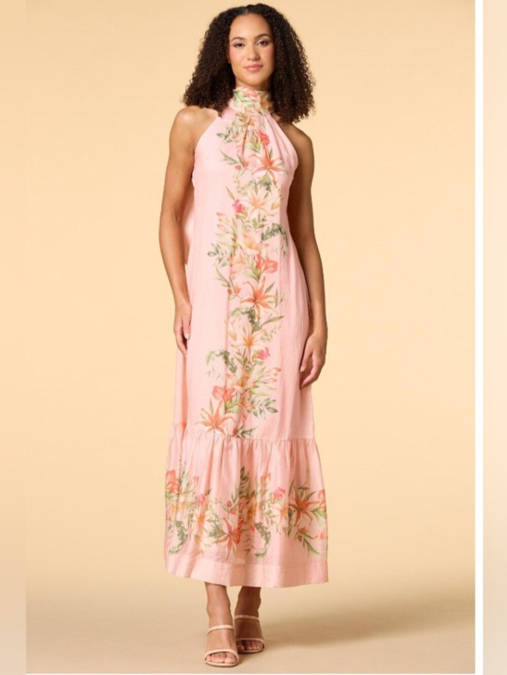Versona Coral-Peach Floral Halter Maxi Dress with Back Bow